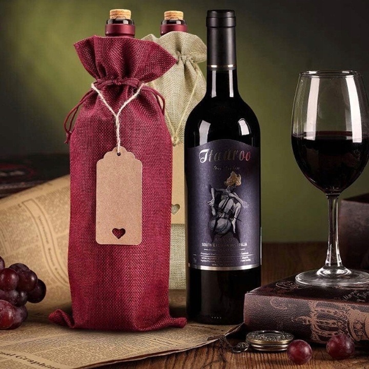 12X TORBY NA BUTELKI WINA ZE SZNURKIEM I PRZYWIESZKAMI TORBY JUTOWE