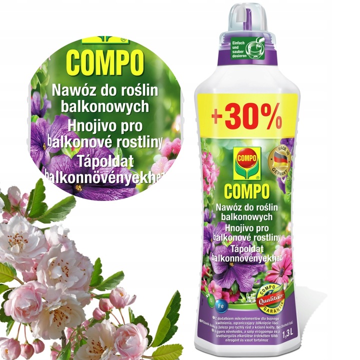 NAWÓZ DO ROŚLIN BALKONOWYCH PELARGONII SURFINII PETUNII PŁYNNY 1,3L COMPO