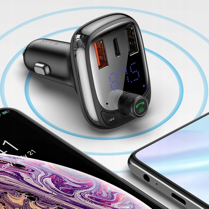 BASEUS ładowarka samochodowa 2xUSB A+TypC+transmitter FM BT PD QC4.0 5A 36W
