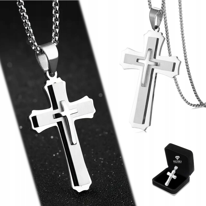 Srebrny ŁAŃCUSZEK z Krzyżykiem Męski WŁOSKI Krzyż ŁAŃCUCH Diamentowany