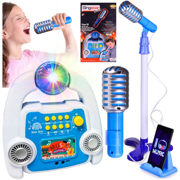 ZESTAW DO KARAOKE MIKROFON DLA DZIECI WZMACNIACZ STATYW EFEKTY NAGRYWANIE