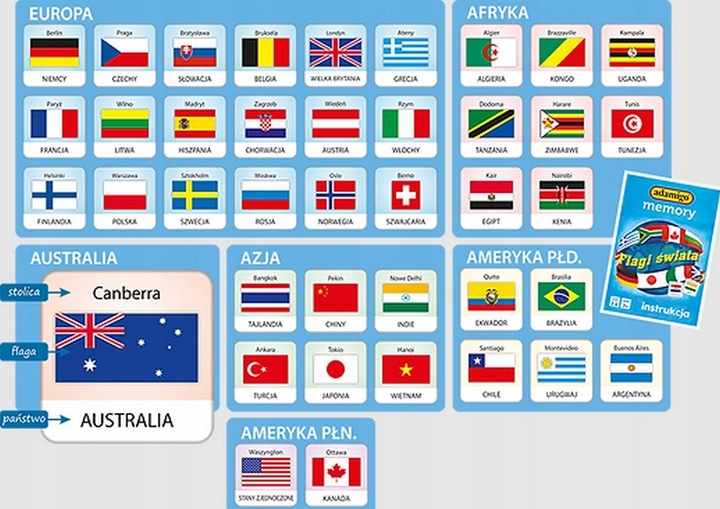 Gra planszowa edukacyjna dla dzieci rodzinna Flagi świata Adamigo memory