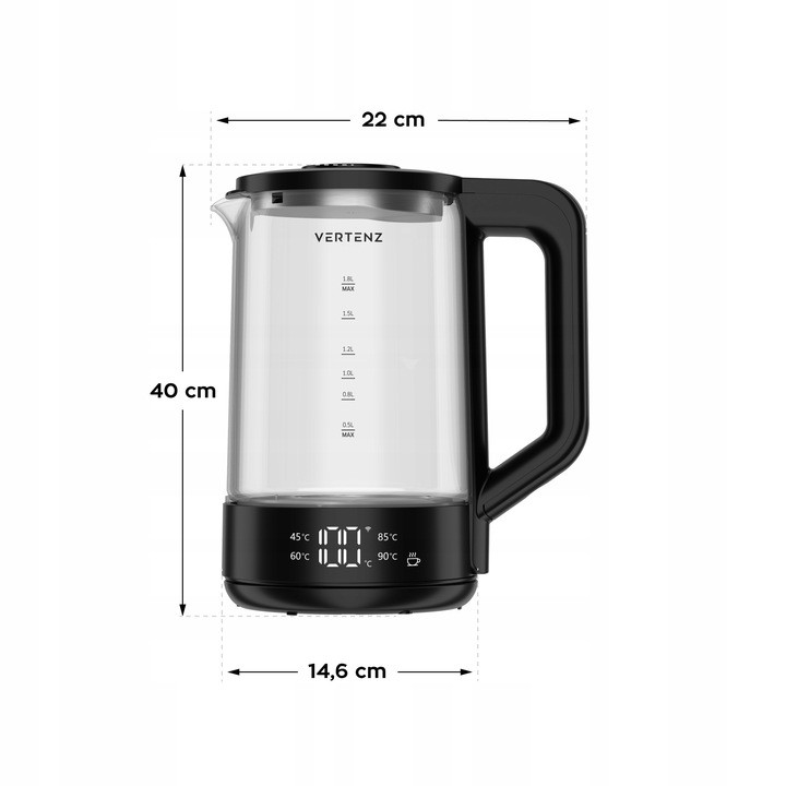 Czajnik Elektryczny LED SMART 2000W Szklany 1,7L Technologia WARM Czarny