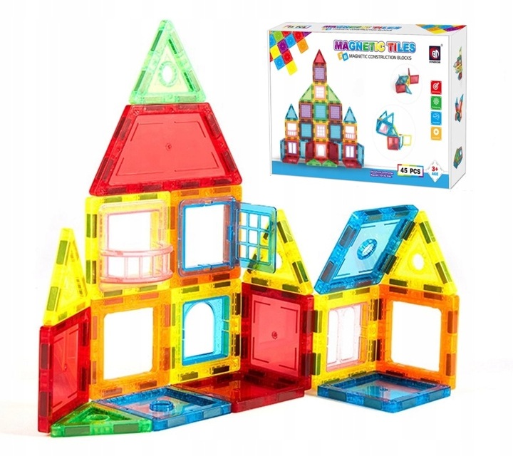 EDUKACYJNE KLOCKI MAGNETYCZNE ZESTAW 45 EL. PANELE KONSTRUKCYJNE DLA DZIECI