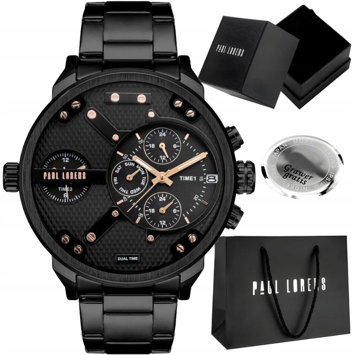 Duży zegarek męski Paul Lorens DIEZELI- stalowy - multidatownik czas dobowy