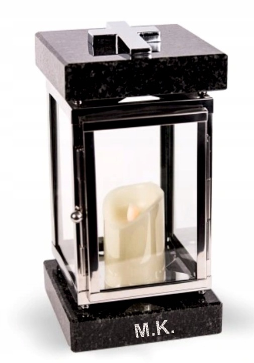 Lampion znicz nagrobny na pomnik srebrny stal nierdzewna + czarny granit