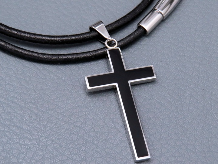 GRUBY RZEMIEŃ RZEMYK NA SZYJĘ Z KRZYŻYKIEM ZESTAW STAL CHIRURGICZNA + SKÓRA