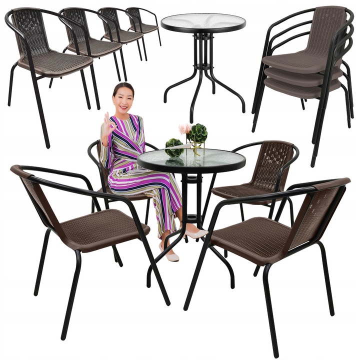 ZESTAW MEBLI OGRODOWYCH TARAS NA BALKON 4x KRZESŁA LORETTO + STÓŁ FI60 BRĄZ