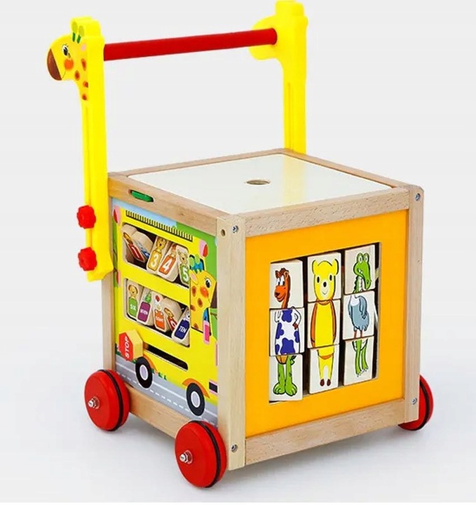 DUŻY DREWNIANY CHODZIK PCHACZ KOSTKA EDUKACYJNA 7w1 MONTESSORI + MULA