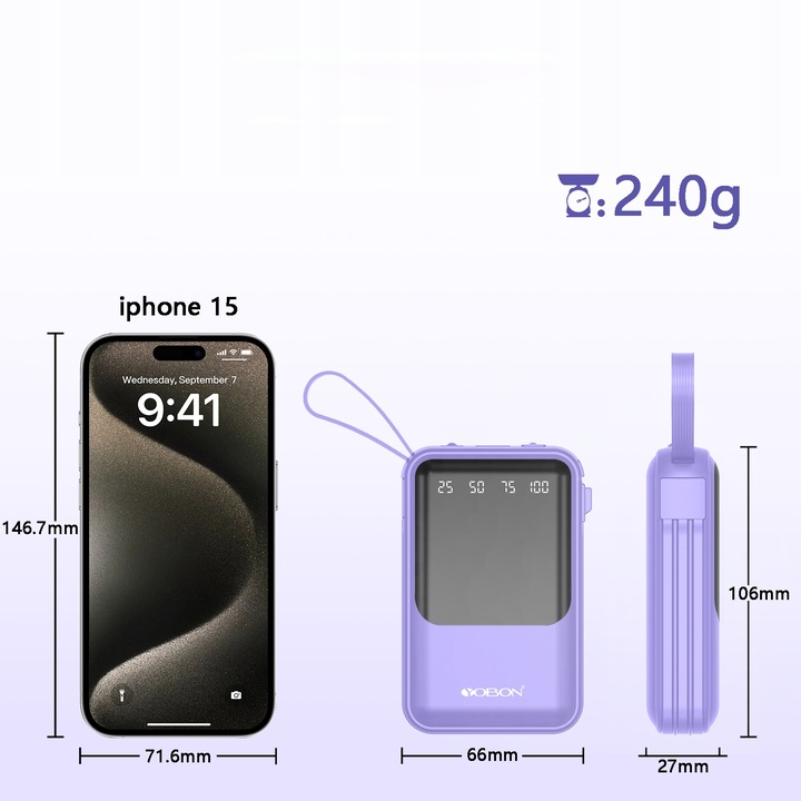 POWER BANK 10000MAH USB/USB-C QC PD WBUDOWANY KABEL Wyświetlacz cyfrowy