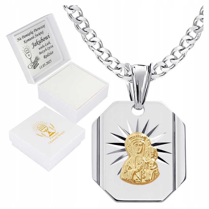 Łańcuszek Medalik Komunijny Srebrny Matka Boska do Komunii Chrztu ze Srebra