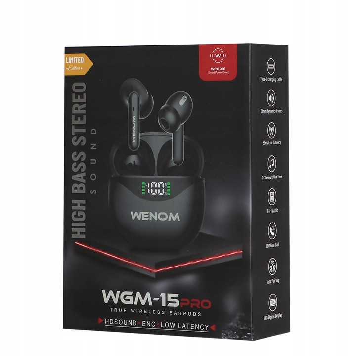 Słuchawki Bluetooth Bezprzewodowe Bluetooth Douszne Czarne Wenom WGM 15 pro