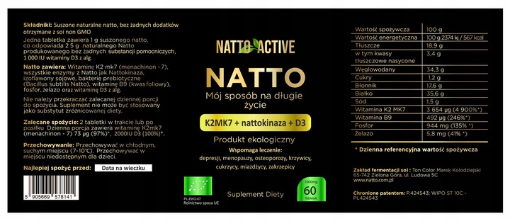 Natto Active witaminy D3 2000 IU K2 MK-7 Nattokinaza 60 eko tabletek