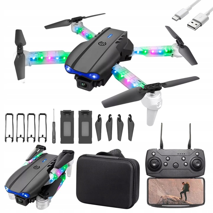 E99D DRON Z PODWÓJNE KAMERY LED OŚWIETLENIEM ZABAWKA SKŁADANIE CZTEROOSIOWE