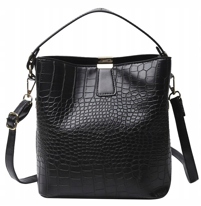 Torebka Damska Czarna na Ramię Elegancka Lakierowana Skóra Węża Ekologiczna