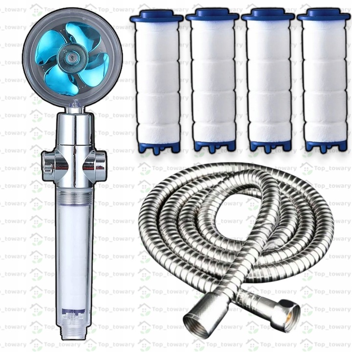 OSZCZĘDNA TURBO SŁUCHAWKA PRYSZNICOWA Z TURBINĄ WENTYLATOREM +WĄŻ+4xFILTR