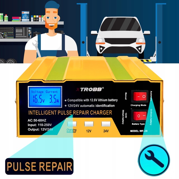Prostownik SAMOCHODOWY AUTOMATYCZNY Z FUNKCJĄ NAPRAWY AKUMULATORÓW 12V 24V