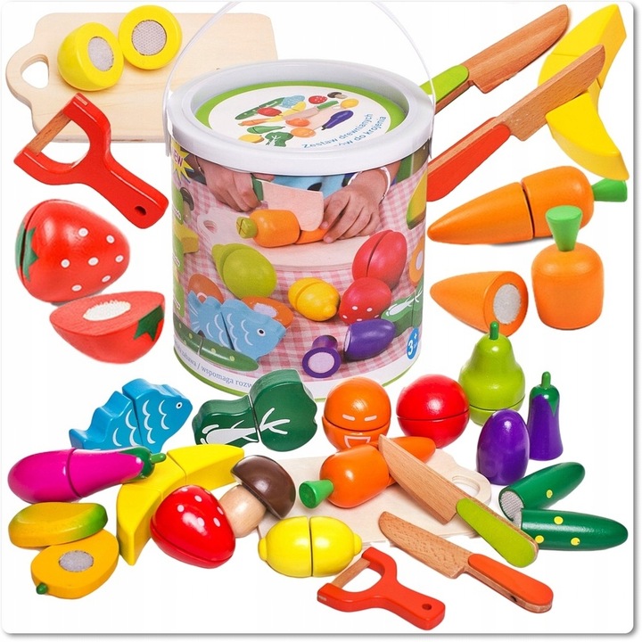 Drewniane Owoce i Warzywa Do Krojenia na Rzep Deska Nóż Zestaw XXL 17 el