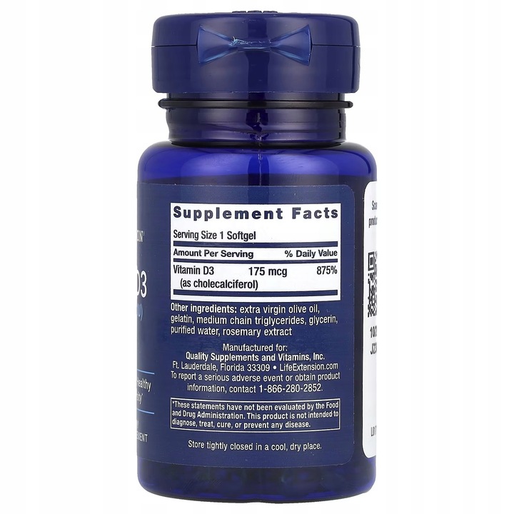 Life Extension, Witamina D3 175 µg (7 000 j.m.), 60 kapsułek miękkich