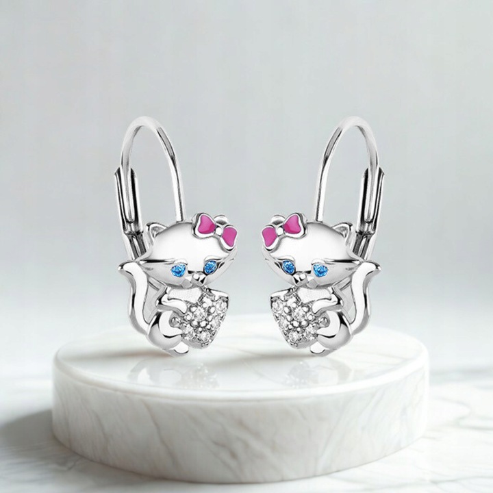 Kolczyki srebrne 925 kotki z kokardką dla dziewczynki chrzest/komunia