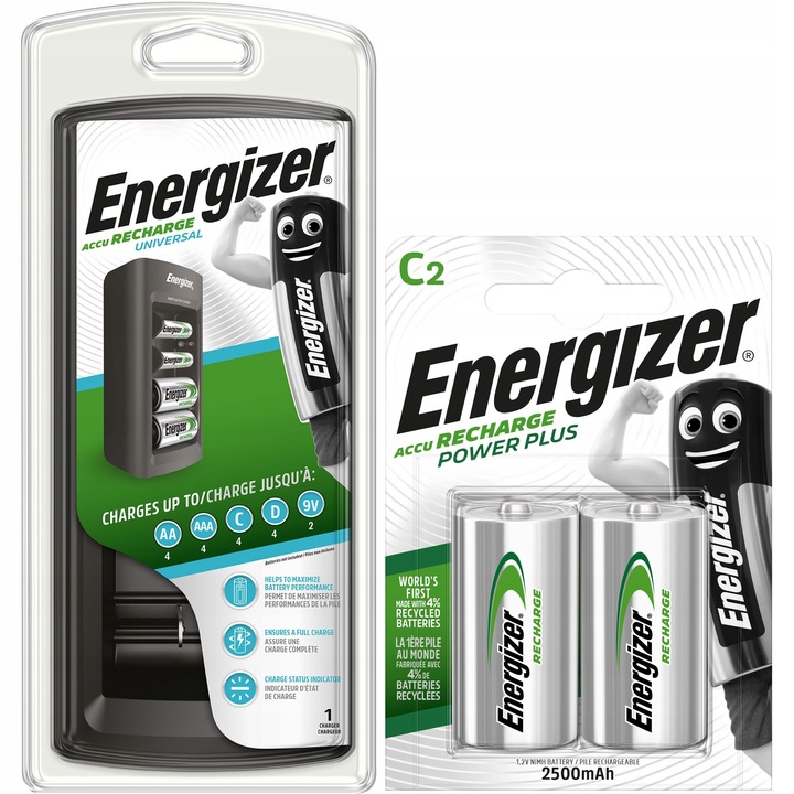 Ładowarka Energizer Universal R3 R6 R14 R20 9V + 2x Akumulatorki C 2500mAh