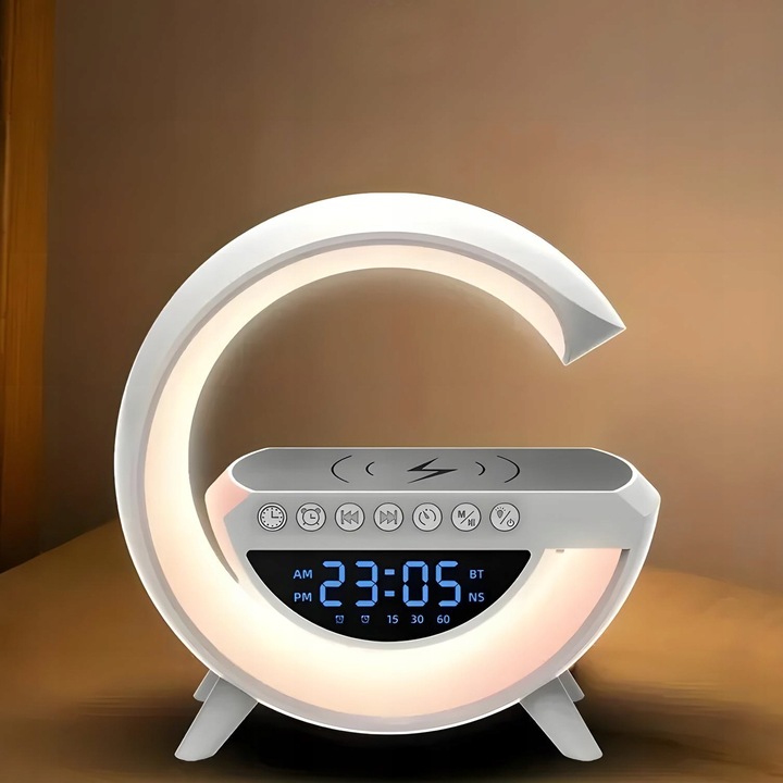 Lampka nocna biurkowa 6w1 | Zegar | Budzik | Radio | Ładowarka | Głośnik