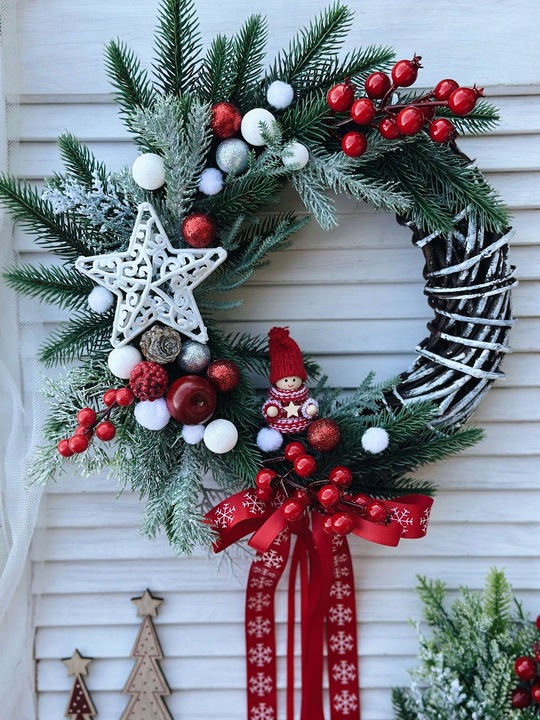 WIANEK ŚWIĄTECZNY BOŻE NARODZENIE WIENIEC NA DRZWI STROIK KOKARDA SKRZAT