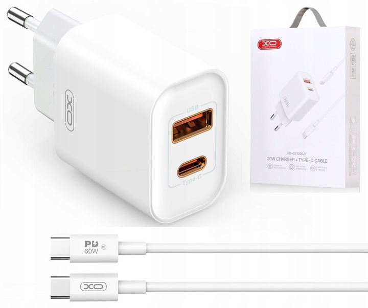 ZESTAW | SZYBKA ŁADOWARKA SIECIOWA PD TYPE-C| QC3.0 USB + KABEL TYPE C 60W