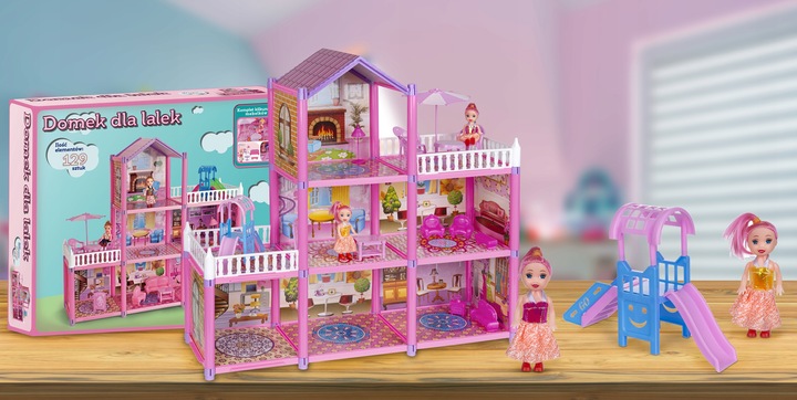 Domek dla Lalek 2 Laleczki 3 Piętra Mebelki Do Zestawu Dla Dzieci Akcesoria