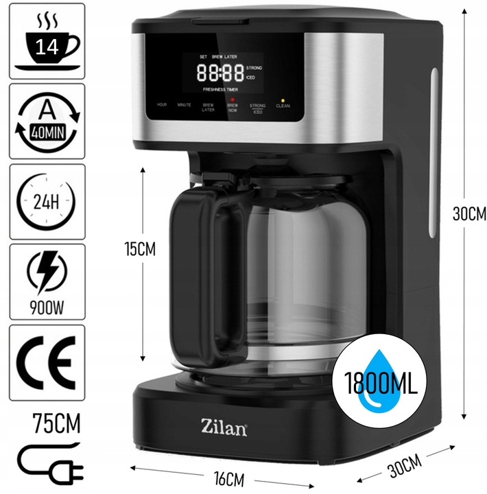 EKSPRES DO KAWY PRZLEWOWY 900W 1800ML PANEL DOTYKOWY