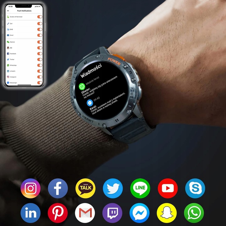 Zegarek Męski Smartwatch AMOLED IP68 530mAh Pomiary Rozmowy SMS Latarka PL