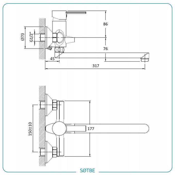Bateria z długą wylewką do wanny Kran z ceramicznym przełącznikiem SOLIDNA