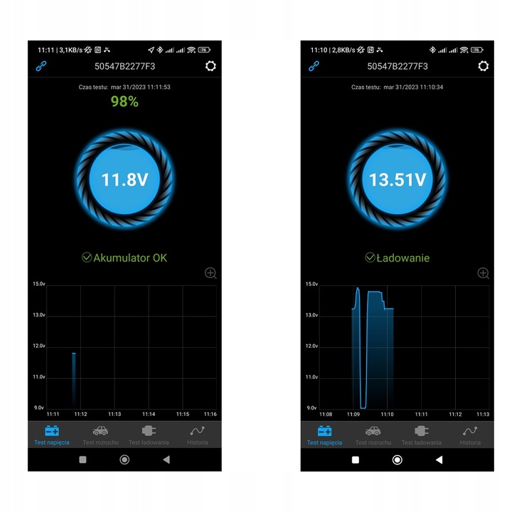 TESTER AKUMULATORÓW 12V APLIKACJA POLSKIE MENU