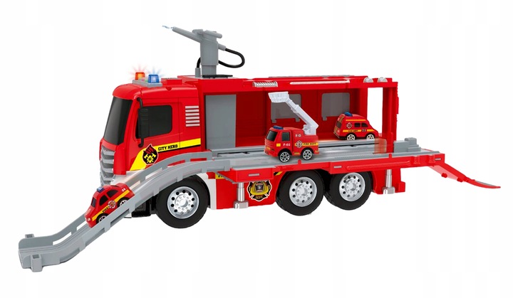 DUŻY WÓZ STRAŻACKI NA WODĘ STRAŻ POŻARNA zjeżdżalnia 4 auta ŚWIATŁO DŻWIĘK