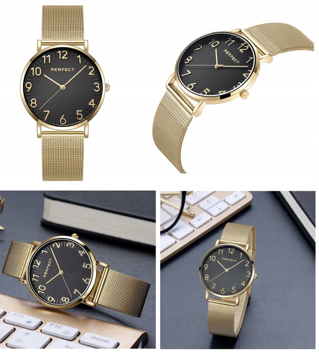 ZEGAREK DAMSKI PERFECT ZEFRA +BOX +GRAWER CYFRY bransoletka mesh złoty