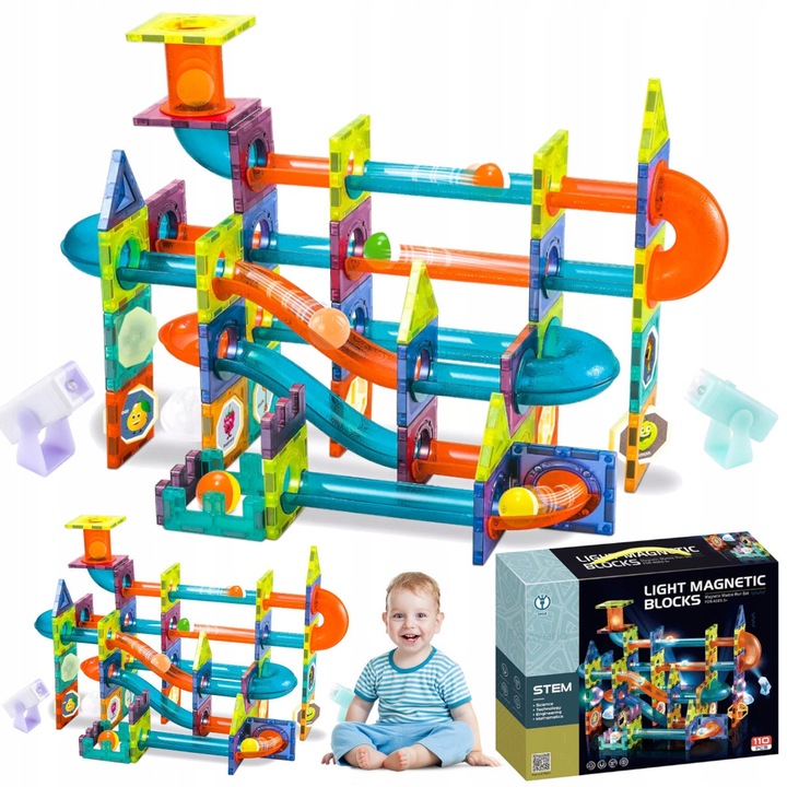 Klocki MAGNETYCZNE Konstrukcyjne 3D ZESTAW XXL TOR KULKOWY 110 elementów