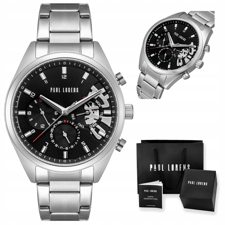 ZEGAREK MĘSKI PAUL LORENS BAKER chronograf datownik open heart +BOX GRAWER