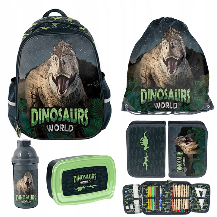 ZESTAW SZKOLNY PASO DINOZAUR PLECAK PREMIUM WOREK PIÓRNIK BIDON LUNCH BOX