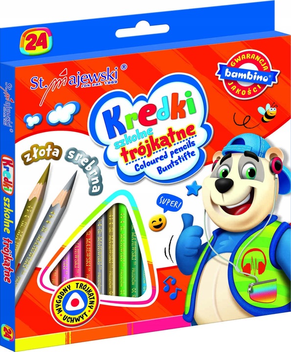 Kredki Trójkątne Szkolne Ołówkowe 24 kol. Złota Srebrna Bambino