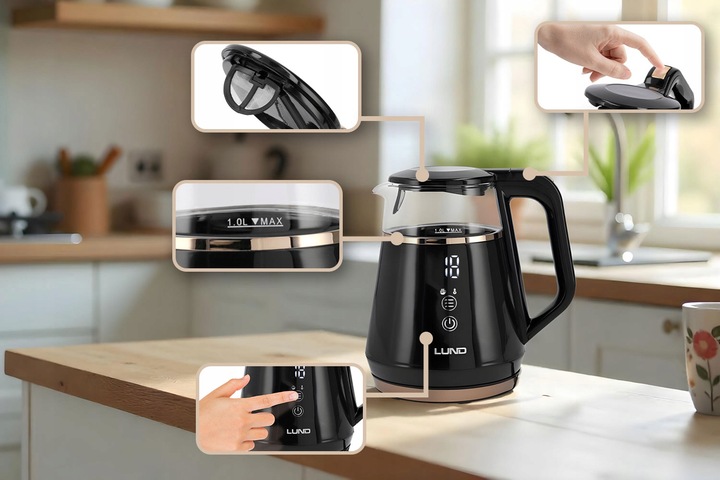 CZAJNIK ELEKTRYCZNY LUND 1100W 1L CZARNY Z REGULACJĄ TEMPERATURY 40-100°C