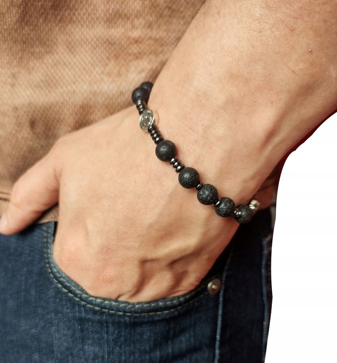 Bransoletka męska RÓŻANIEC na rękę LAWA WULKANICZNA św.Benedykt 174L