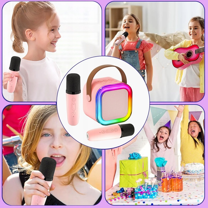 GŁOŚNIK PRZENOŚNY ZESTAW DO KARAOKE RGB BLUETOOTH 2 MIKROFONY USB JACK PINK