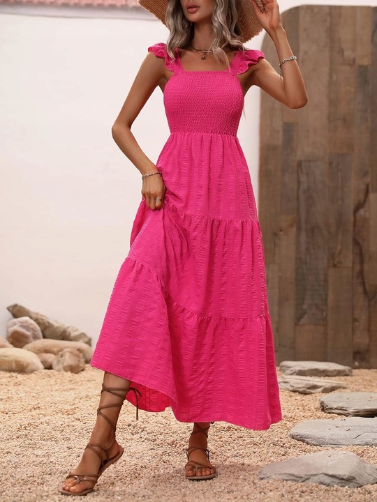 LETNIA SUKIENKA LUŹNA CODZIENNA MAXI RÓŻOWA MARSZCZENIA KOBIECA NA PLAŻĘ
