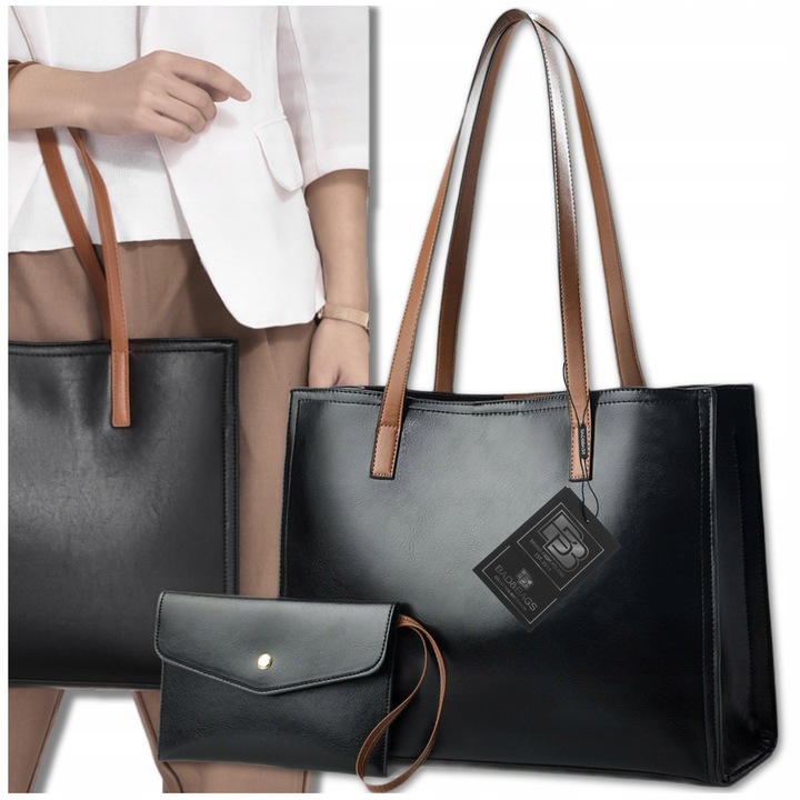 Torebka Shopper Damska CZARNA Torba Na Ramię Duża A4 SKÓRZANA Shopperka