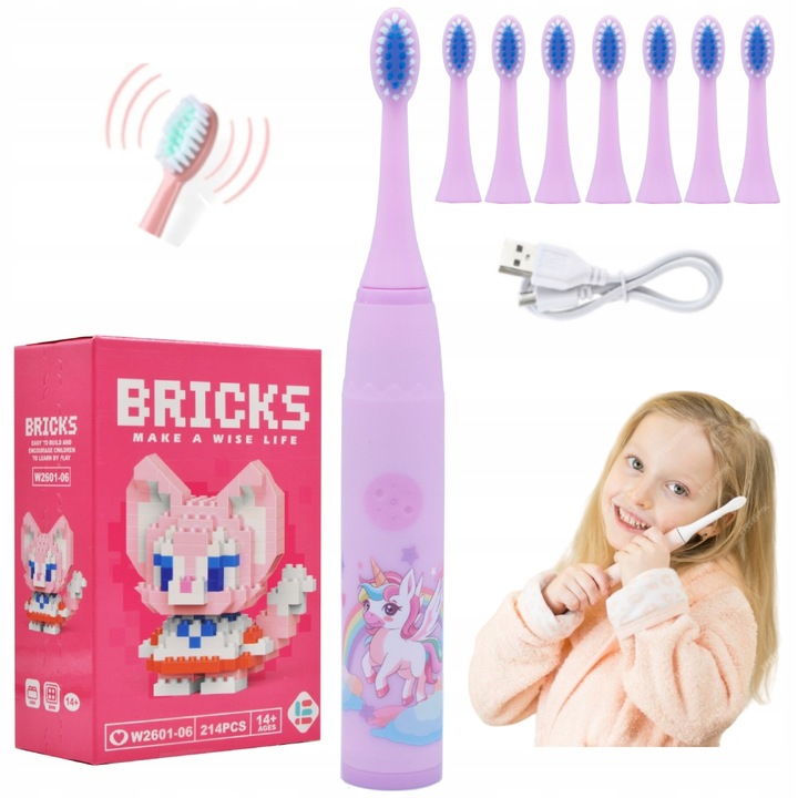 SZCZOTECZKA SONICZNA DO ZĘBÓW DLA DZIECI ELEKTRYCZNA FIOLET+KOŃCÓWKI+GRATIS