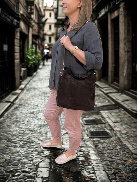 Czekoladowa zamszowa torebka brązowa shopper ZAMSZ NATURALNY Vera Pelle