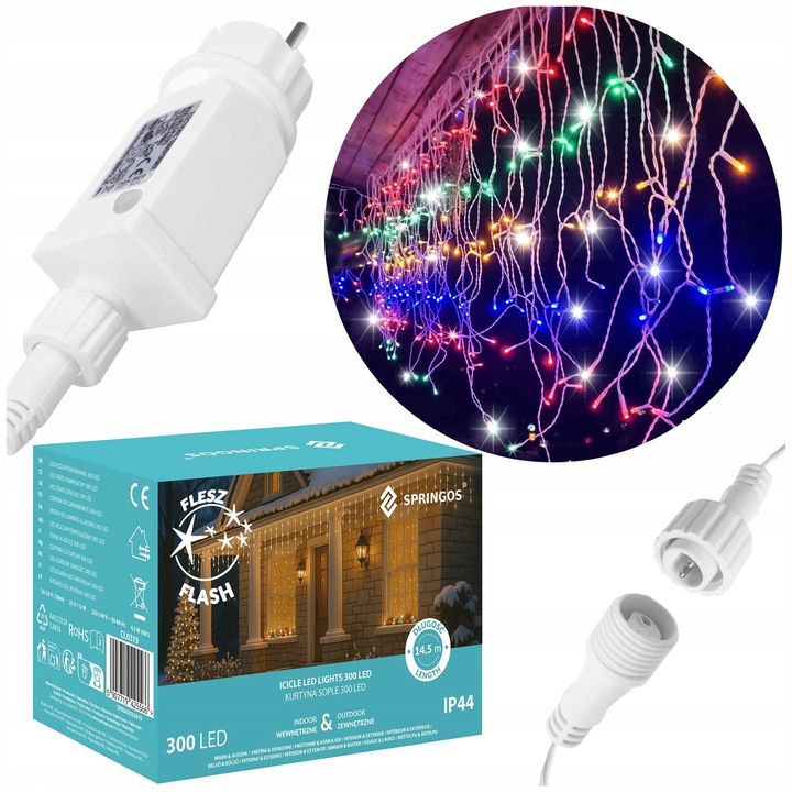 KURTYNA GIRLANDA ŚWIETLNA SOPLE LAMPKI 300LED MULTIKOLOR FLASH OŚWIETLENIE