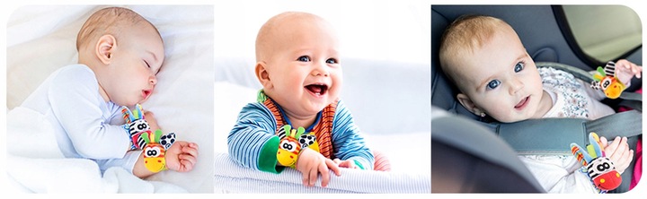 4x SKARPETKI + OPASKI 3D GRZECHOTKI SOZZY ZABAWKA SENSORYCZNA DLA NIEMOWLĄT