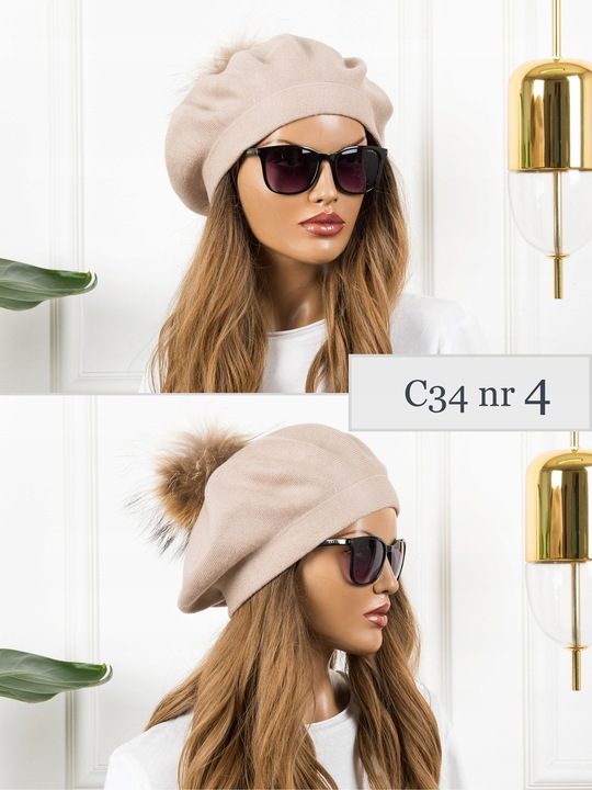 BERET Z POMPONEM CIEPŁY ZIMOWY z WEŁNĄ CZAPKA DAMSKA JAKOŚĆ PREMIUM