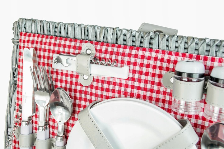 Duży kosz piknikowy z zestawem sztućców talerzy dla 4 osób biała wiklina